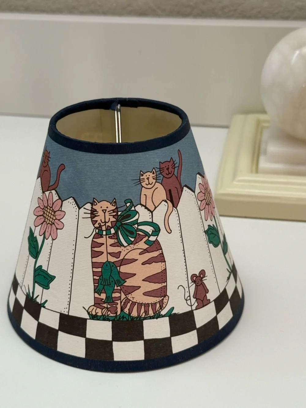 Vintage Alma Lynne Cats Blue and White Folk Art Clip On Lamp Shade